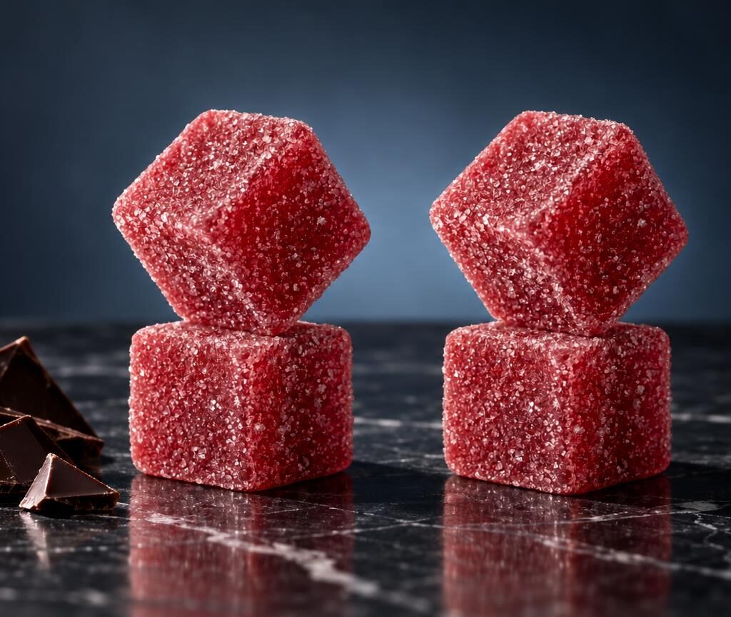 Twee rode kubusvormige snoepjes met kristalsuiker erover, naast donkere chocoladestukken, voor artikel over Gummy