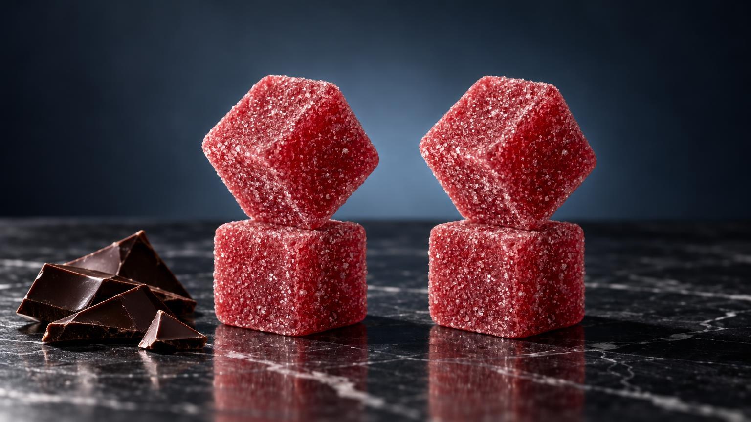 Twee rode kubusvormige snoepjes met kristalsuiker erover, naast donkere chocoladestukken, voor artikel over Gummy