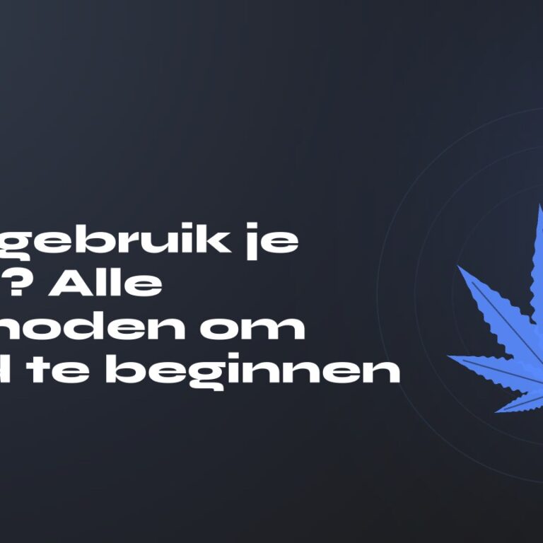 Hoe gebruik je CBD? Alle methoden om goed te beginnen — titel op donkere achtergrond, gestileerd hennepblad