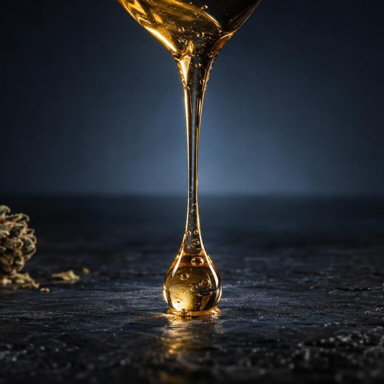 Goudgele cannabisolie druppelt uit een pipet boven gedroogde cannabis, illustreert extractvorm voor hoe lang blijf je stoned