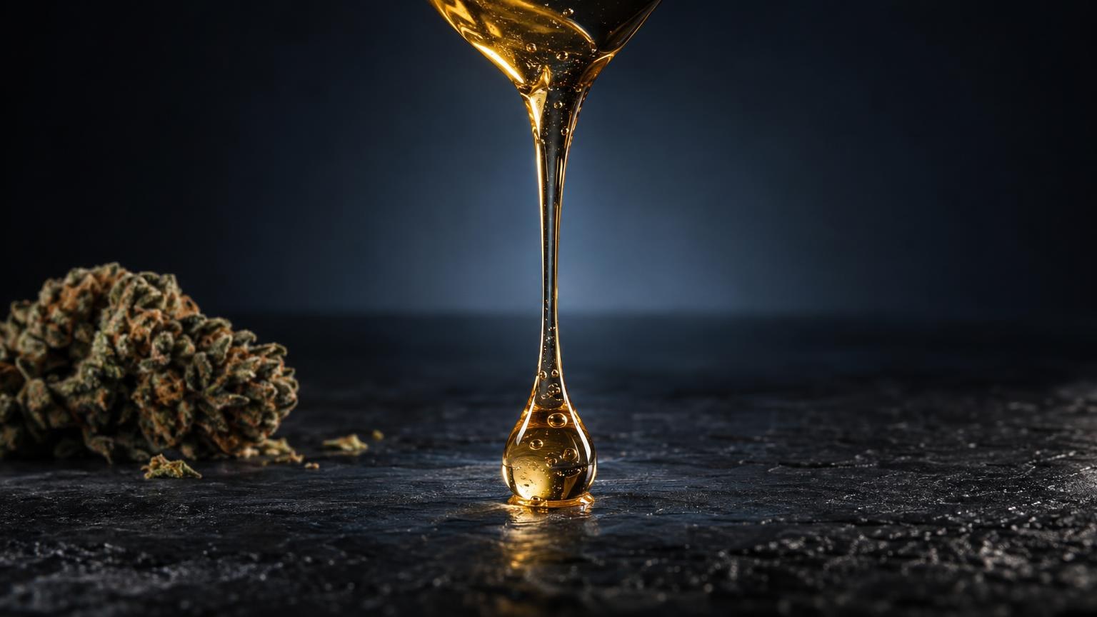 Goudgele cannabisolie druppelt uit een pipet boven gedroogde cannabis, illustreert extractvorm voor hoe lang blijf je stoned