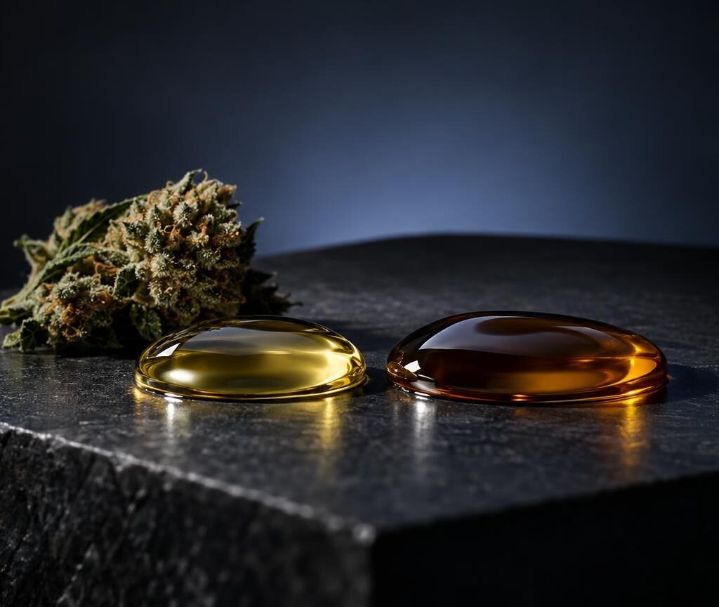 Twee druppels olie in geel en bruin naast een gedroogde cannabisknop op zwart oppervlak, voor artikel over Marihuana olie