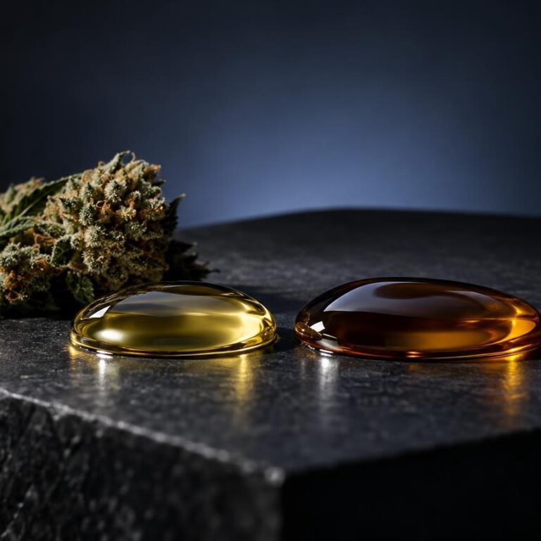 Twee druppels olie in geel en bruin naast een gedroogde cannabisknop op zwart oppervlak, voor artikel over Marihuana olie
