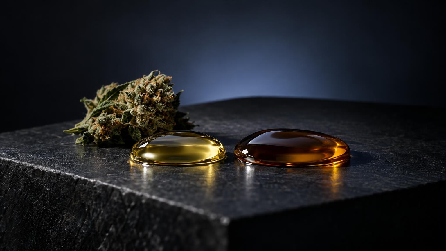 Twee druppels olie in geel en bruin naast een gedroogde cannabisknop op zwart oppervlak, voor artikel over Marihuana olie
