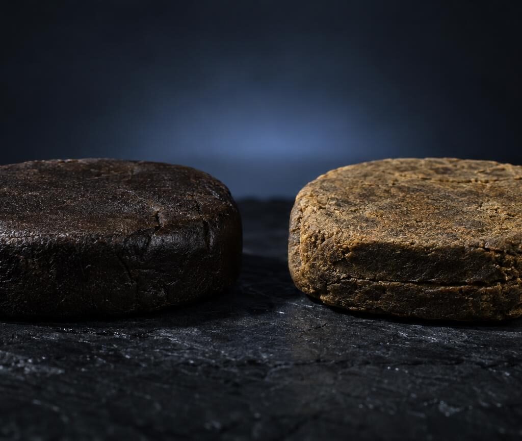 Twee compacte blokken hash, één donkerbruin en één lichtbruin, op donker oppervlak