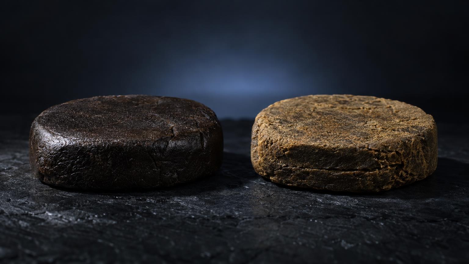 Moroccan hash: twee compacte blokken hash, één donkerbruin en één lichtbruin, op donker oppervlak