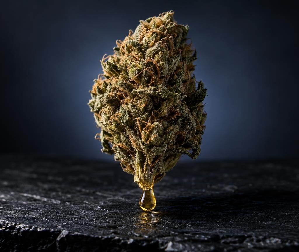 Droge cannabisbloem met goudkleurige haren op donkere ondergrond, onderwerp van olie-extractie
