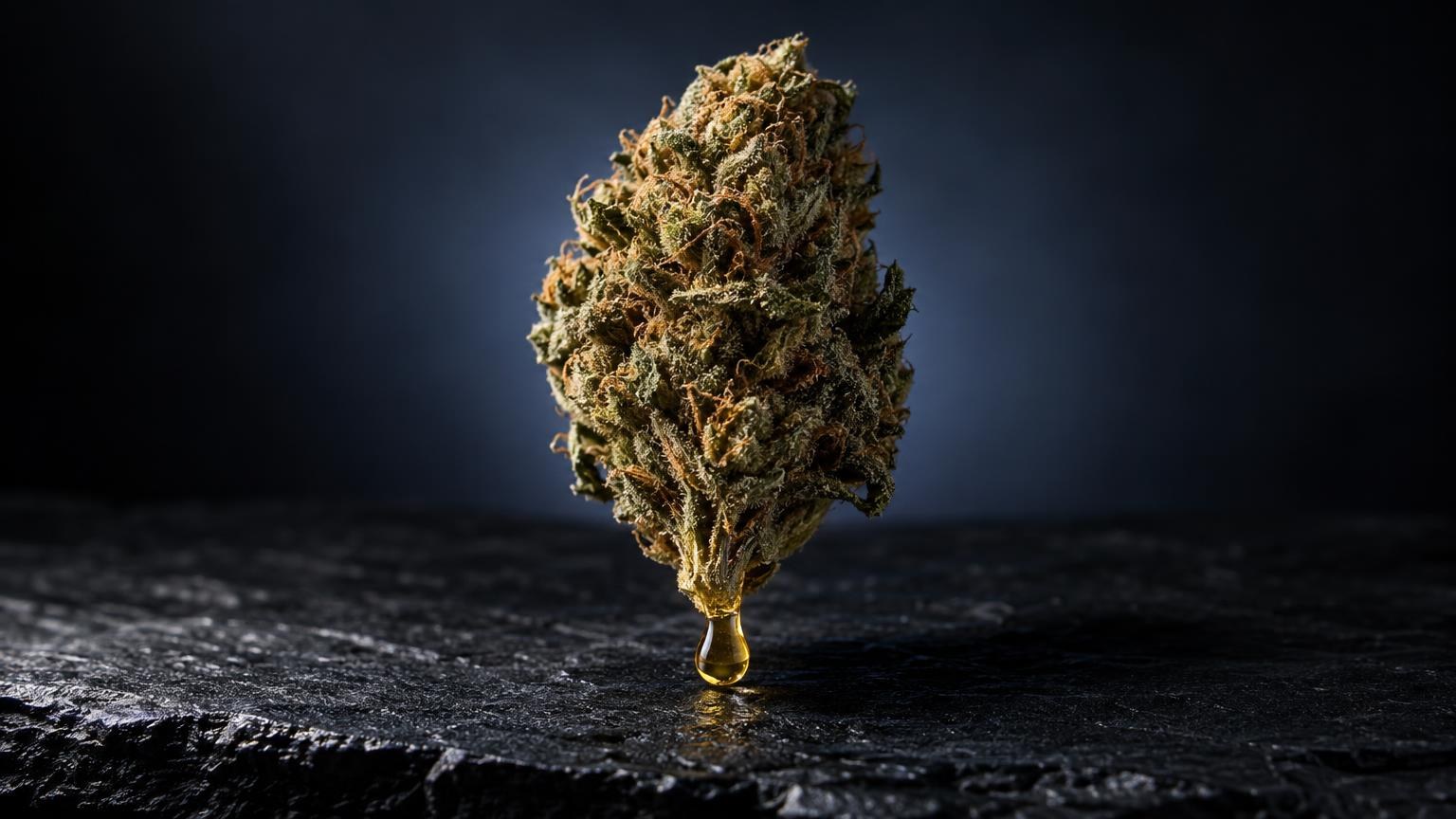 Droge cannabisbloem met goudkleurige haren op donkere ondergrond, onderwerp van olie-extractie