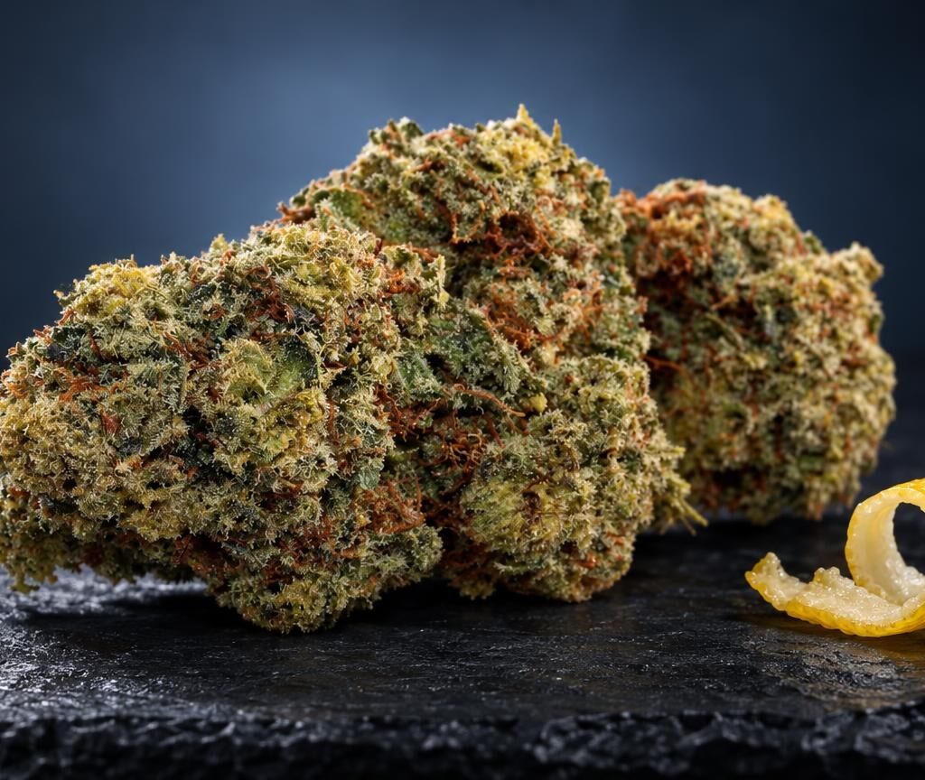 Drie groene bloemen met bruine tinten en een schil van citrusvruch, Orange Bud variëteit