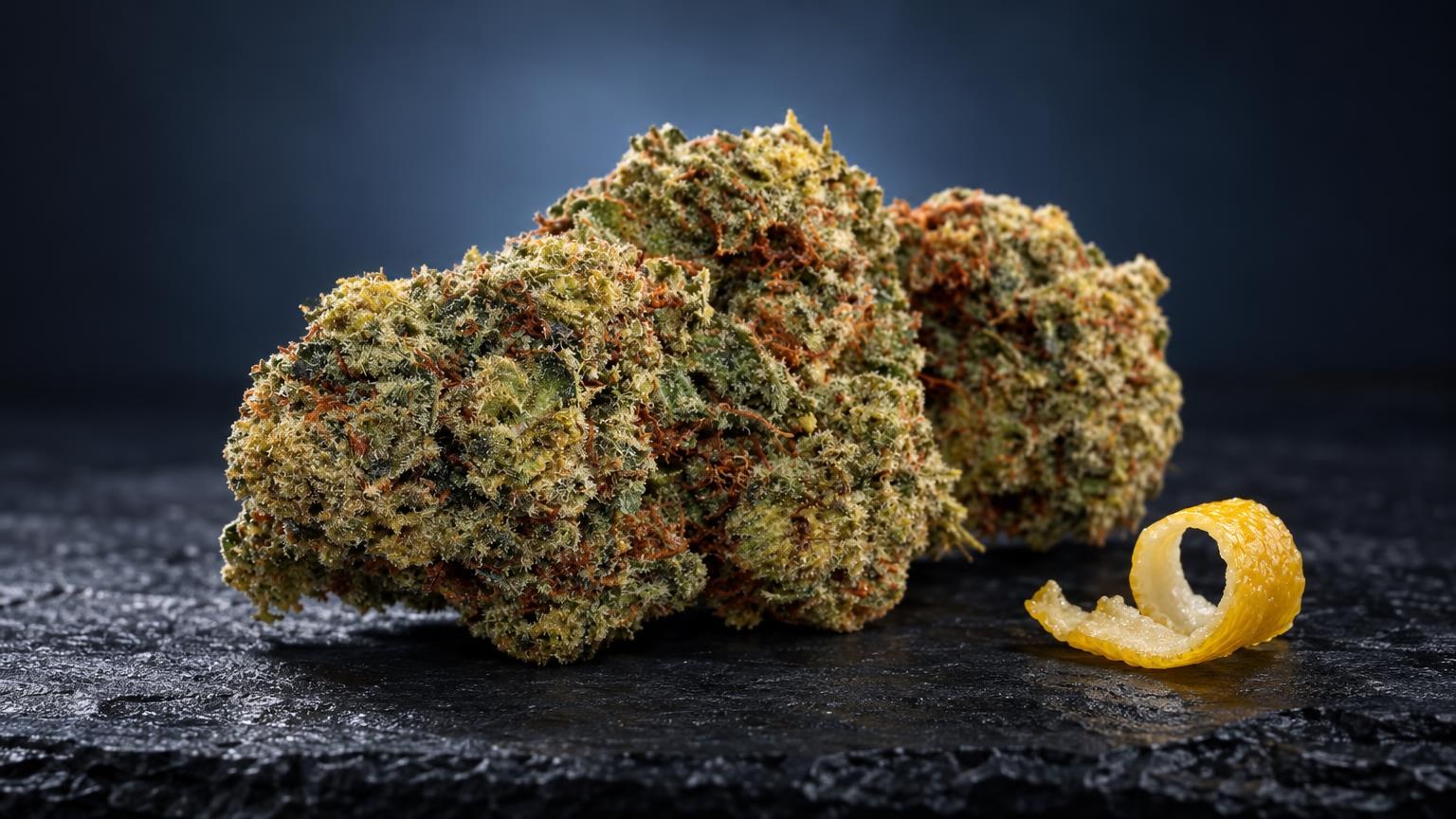 Drie groene bloemen met bruine tinten en een schil van citrusvruch, Orange Bud variëteit