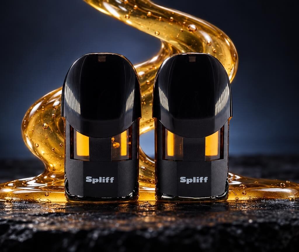 Twee zwarte cylindrische pods met goudkleurig vloeibaar product eromheen, tegen donkere achtergrond