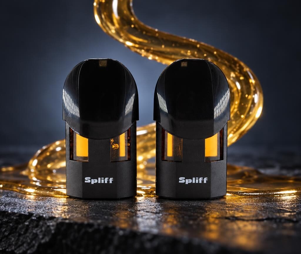 Twee zwarte Magic Pods met goudkleurige details en verlichting, symbool voor het assortiment in een smoke shop