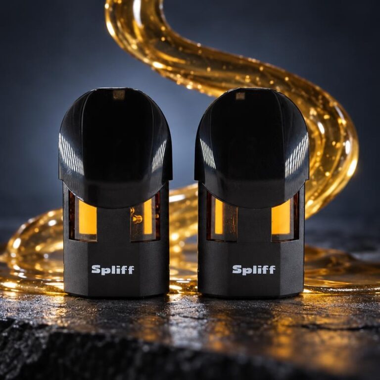 Twee zwarte Magic Pods met goudkleurige details en verlichting, symbool voor het assortiment in een smoke shop