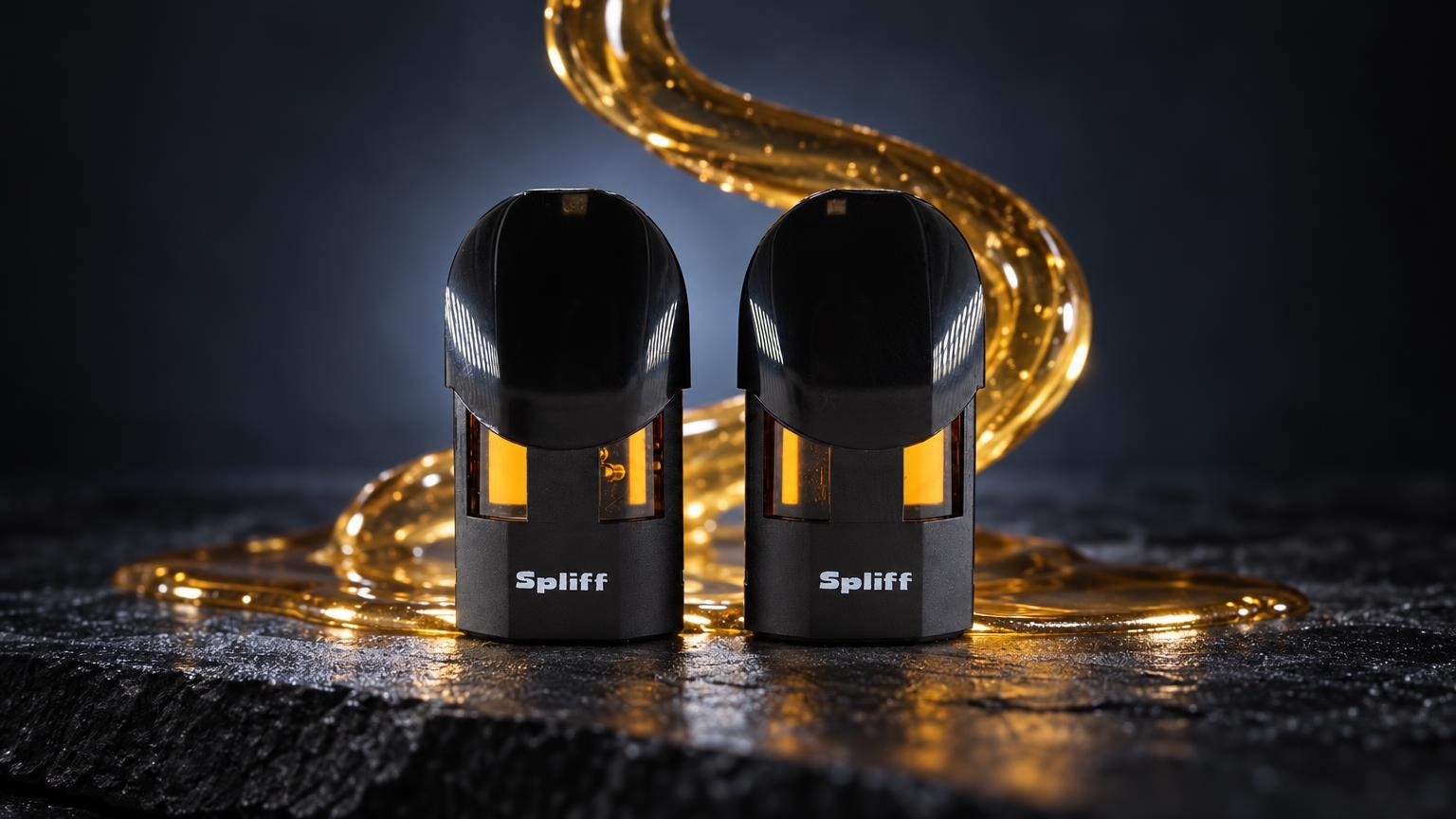 Twee zwarte Magic Pods met goudkleurige details en verlichting, symbool voor het assortiment in een smoke shop
