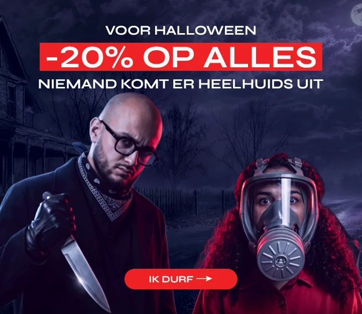 Voor Halloween: -20% op alles. Niemand komt er heelhuids uit.