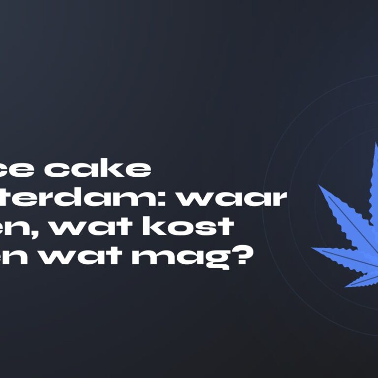 Space cake Amsterdam: waar kopen, wat kost het en wat mag? — titel op donkere achtergrond, gestileerd hennepblad