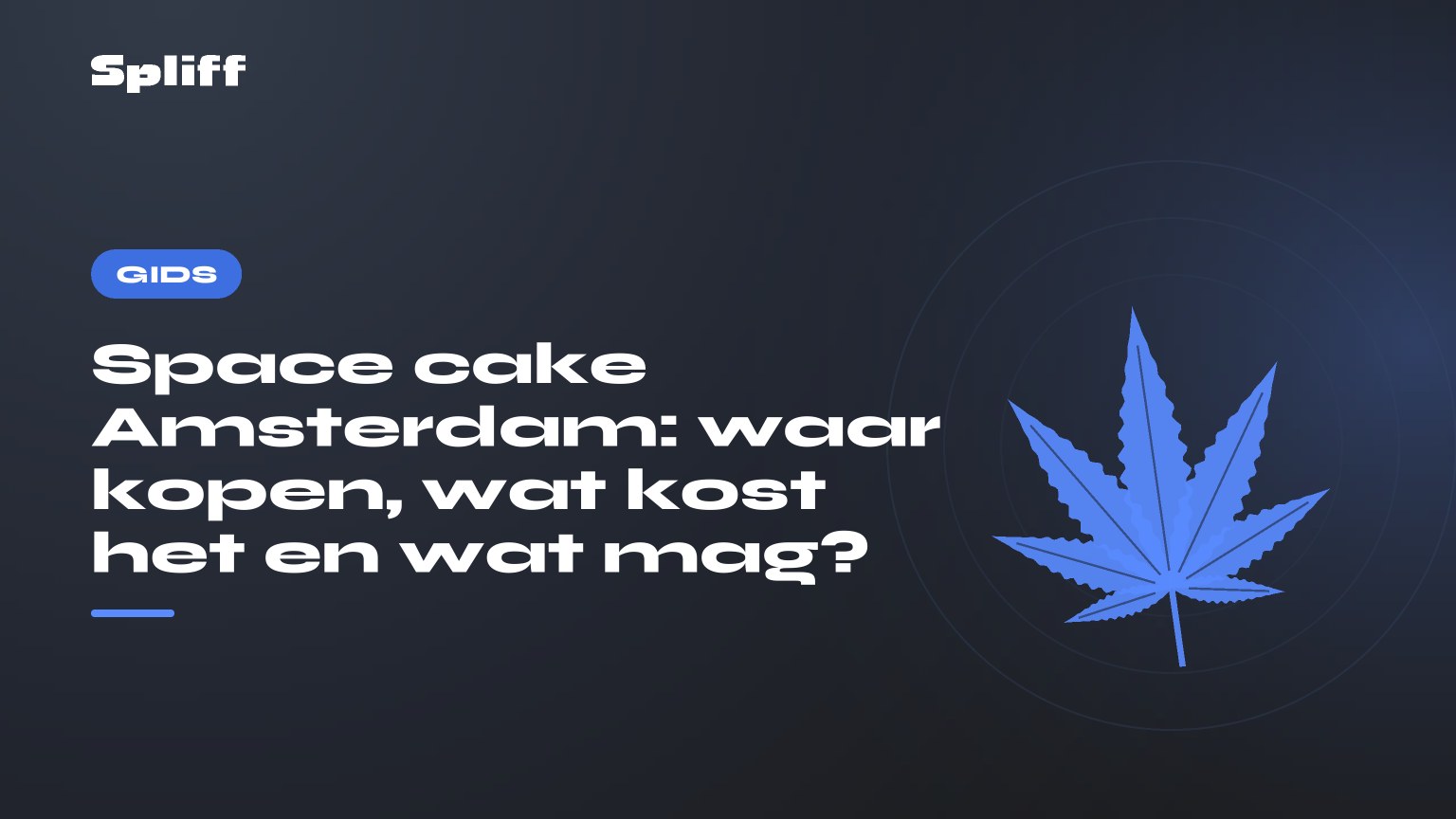 Space cake Amsterdam: waar kopen, wat kost het en wat mag? — titel op donkere achtergrond, gestileerd hennepblad