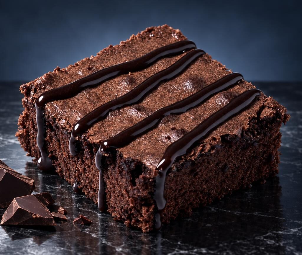 Magic Brownie – Space Cake bruin met chocoladeglazuur en donkere strepen, omringd door cacao en chocoladebrokken