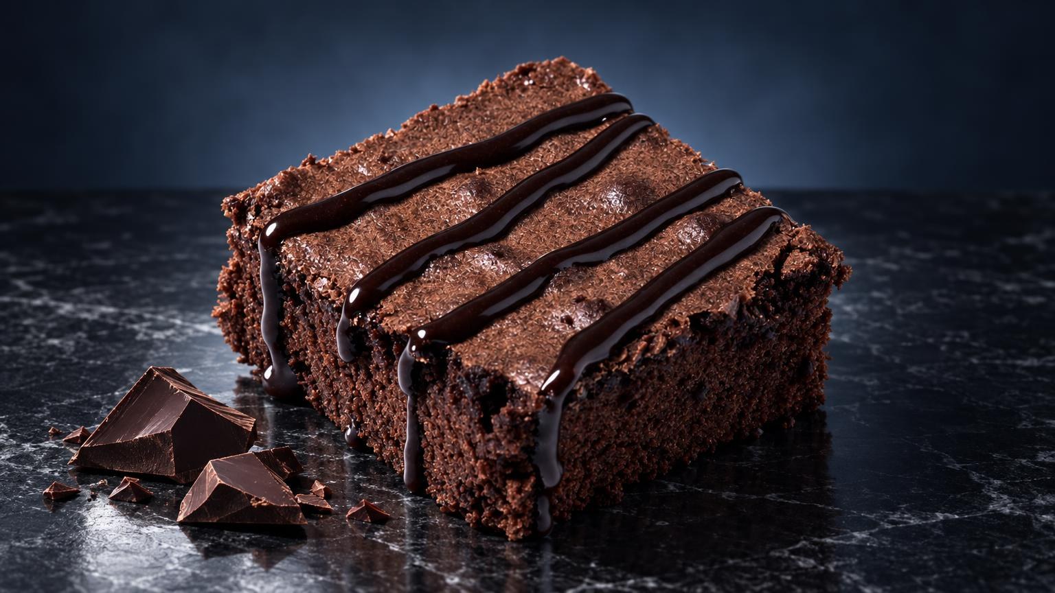 Magic Brownie – Space Cake bruin met chocoladeglazuur en donkere strepen, omringd door cacao en chocoladebrokken