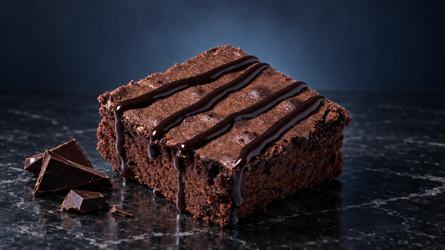 Space cake: chocoladebrownie met glanzende donkere chocoladesaus erover, op donkere ondergrond met chocoladestukjes ernaast