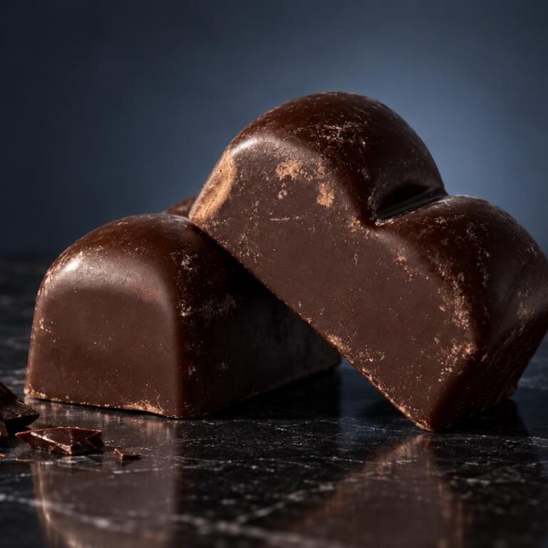 Twee glanzende donkerbruine chocoladeblokjes met gebroken stukjes op donkere achtergrond, spacecake-product