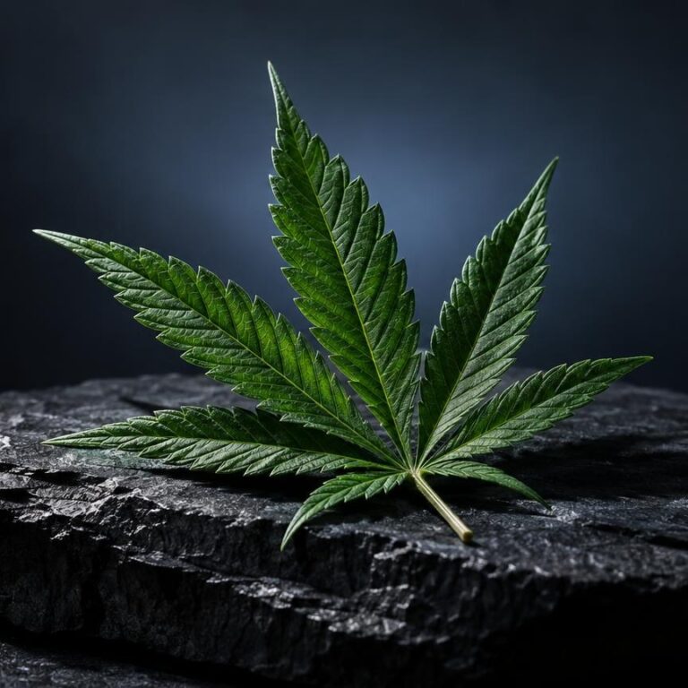 Cannabisblad op donkergrijze steen, symboliserend de stof die met Speekseltest THC wordt opgespoord