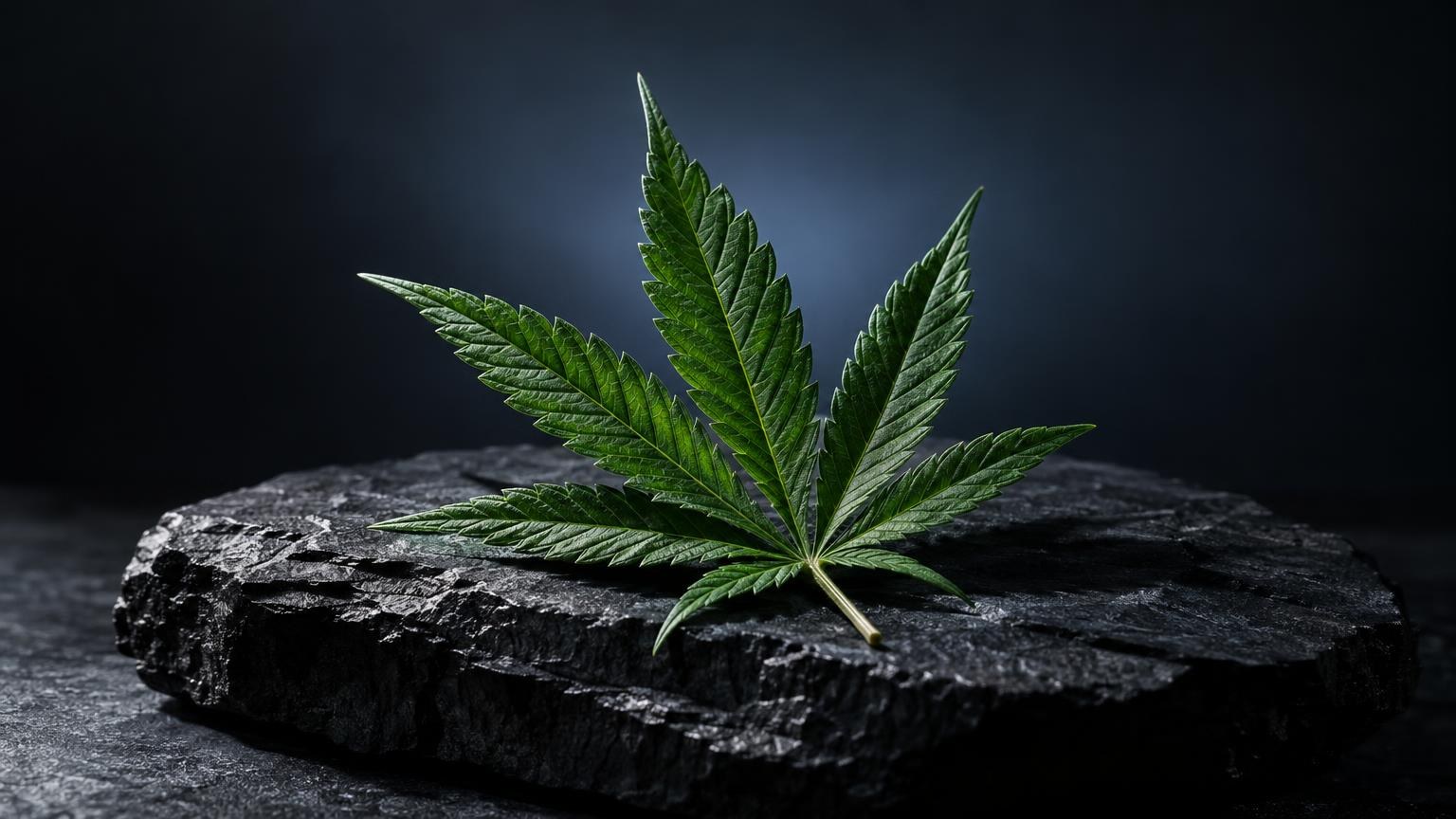 Cannabisblad op donkergrijze steen, symboliserend de stof die met Speekseltest THC wordt opgespoord