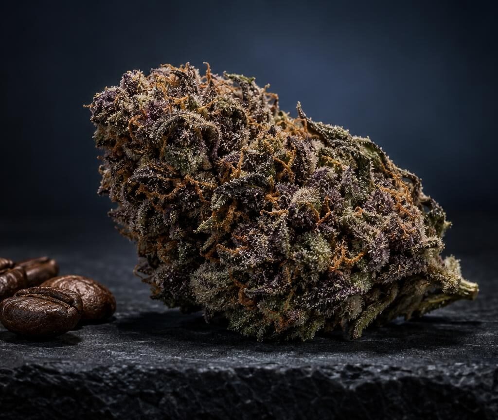 Spliff weed met dichte bloemen en kristallen gestructuur, naast enkele zadenpeultjes op donkere ondergrond
