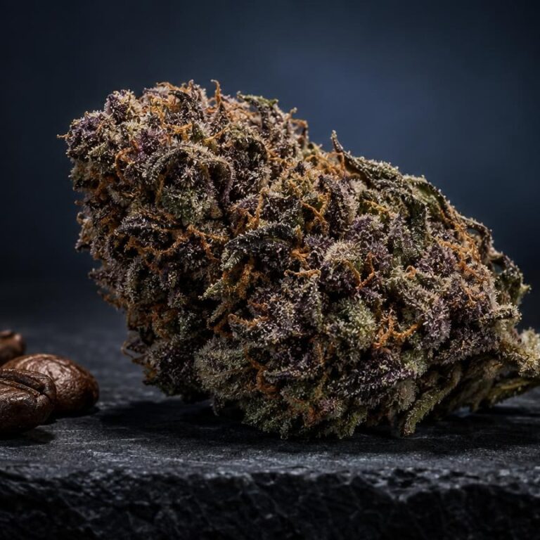 Spliff weed met dichte bloemen en kristallen gestructuur, naast enkele zadenpeultjes op donkere ondergrond