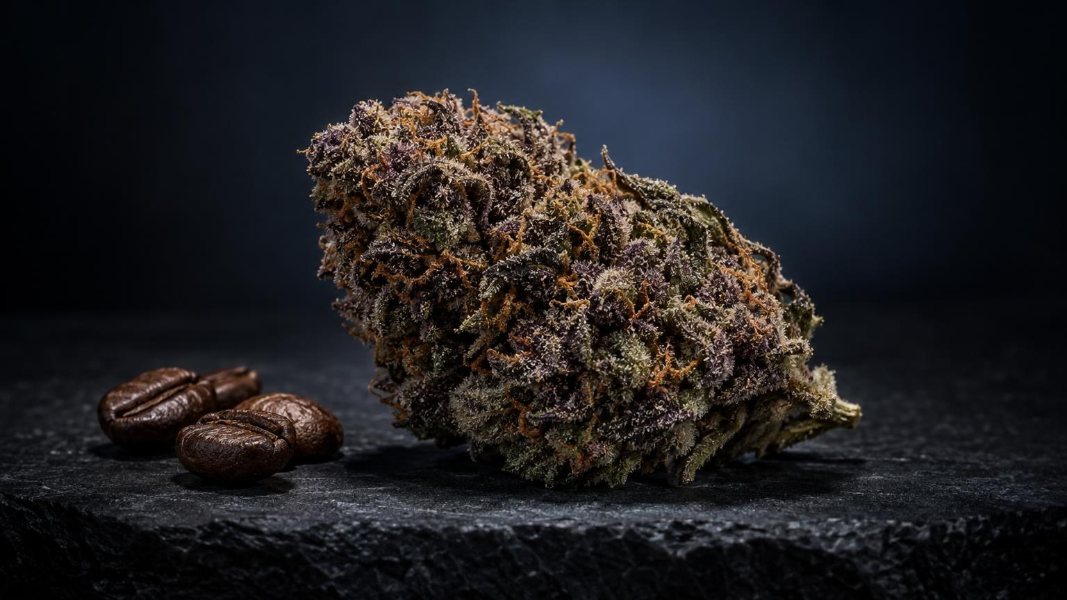 Spliff weed met dichte bloemen en kristallen gestructuur, naast enkele zadenpeultjes op donkere ondergrond