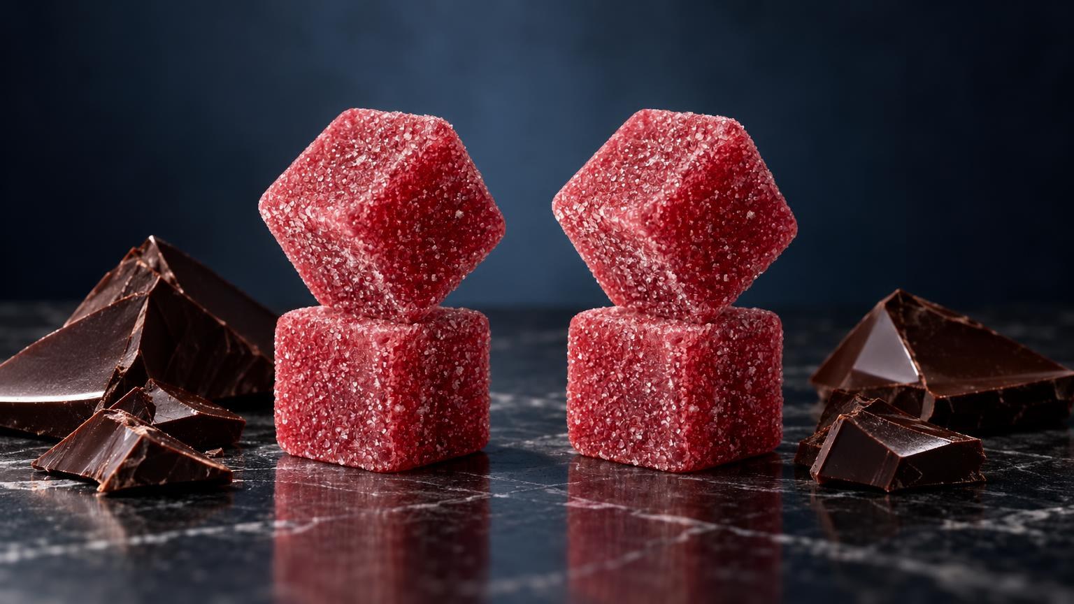 THC-chocolade: twee roze THC-snoepjes met kristallijnstructuur naast donkerbruine chocoladestukken op donkere achtergrond