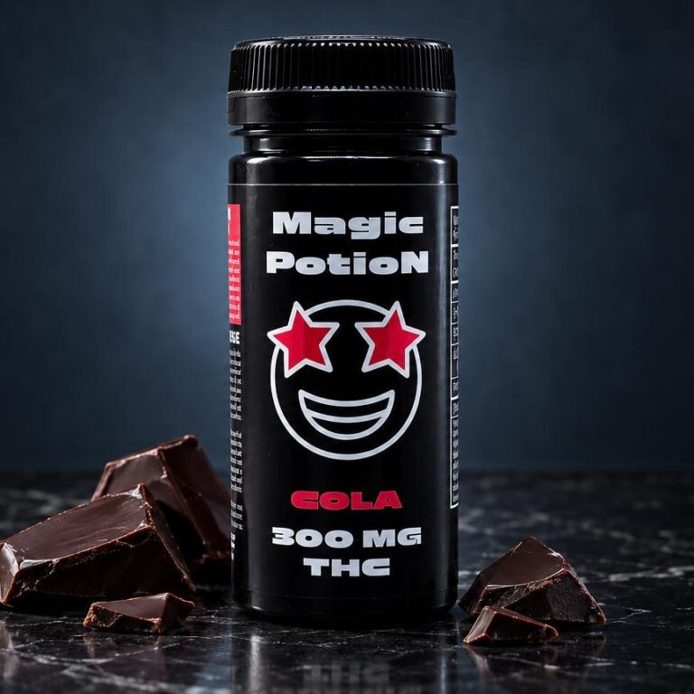THC-chocolade: zwarte fles Magic Potion met rood sterrenlogo en chocoladestukken ernaast, THC-siroop op donkere achtergrond