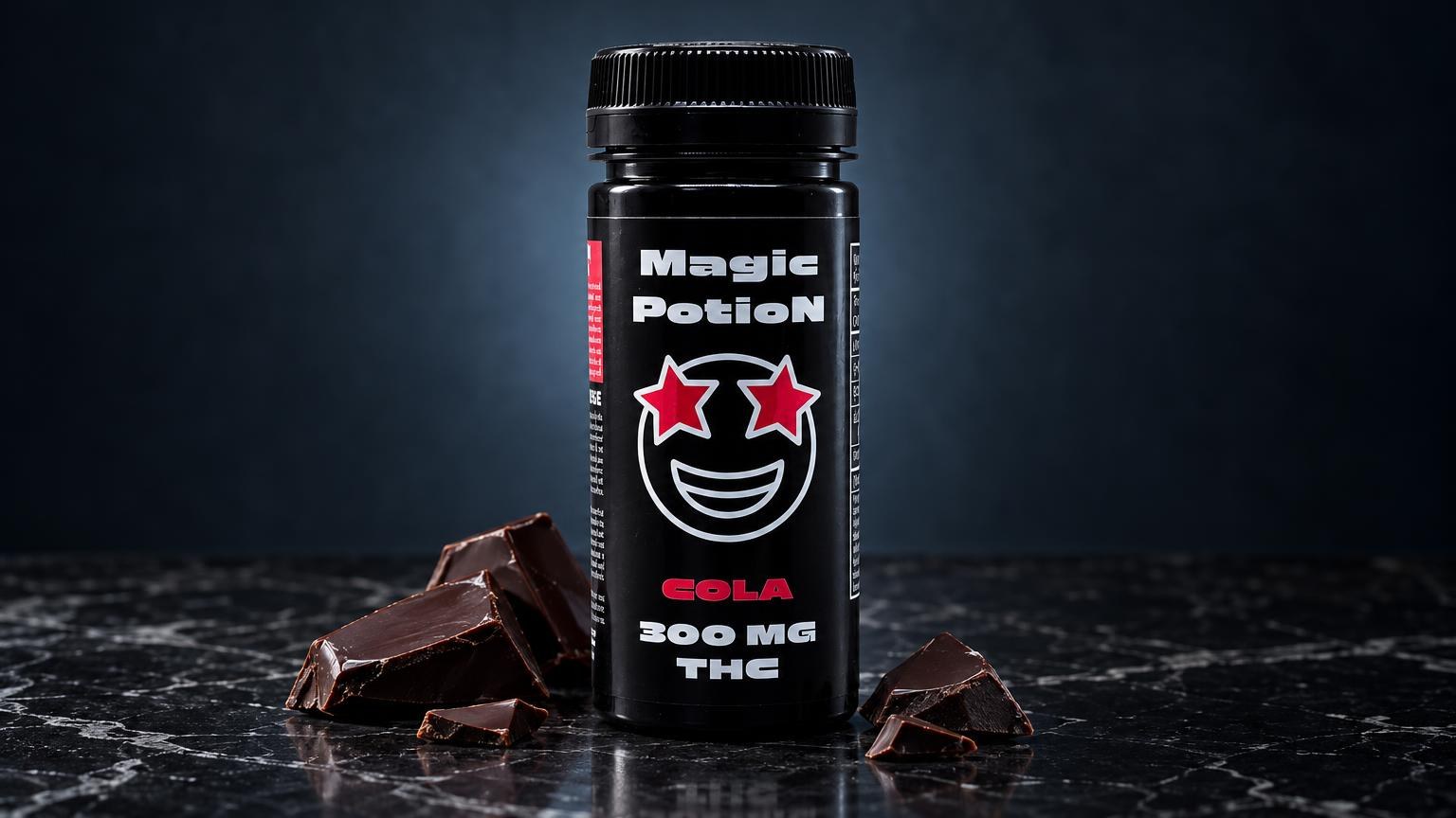 THC-chocolade: zwarte fles Magic Potion met rood sterrenlogo en chocoladestukken ernaast, THC-siroop op donkere achtergrond
