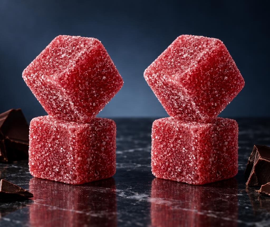 THC gummy bear: twee stapels rode kubische snoepjes met suikerlaag op donkere ondergrond, omgeven door chocoladestukken