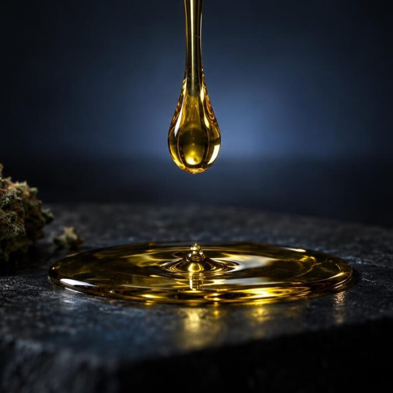 THC olie: goudgele olie druppelt op donkerblauwe ondergrond, naast droge cannabisbloem