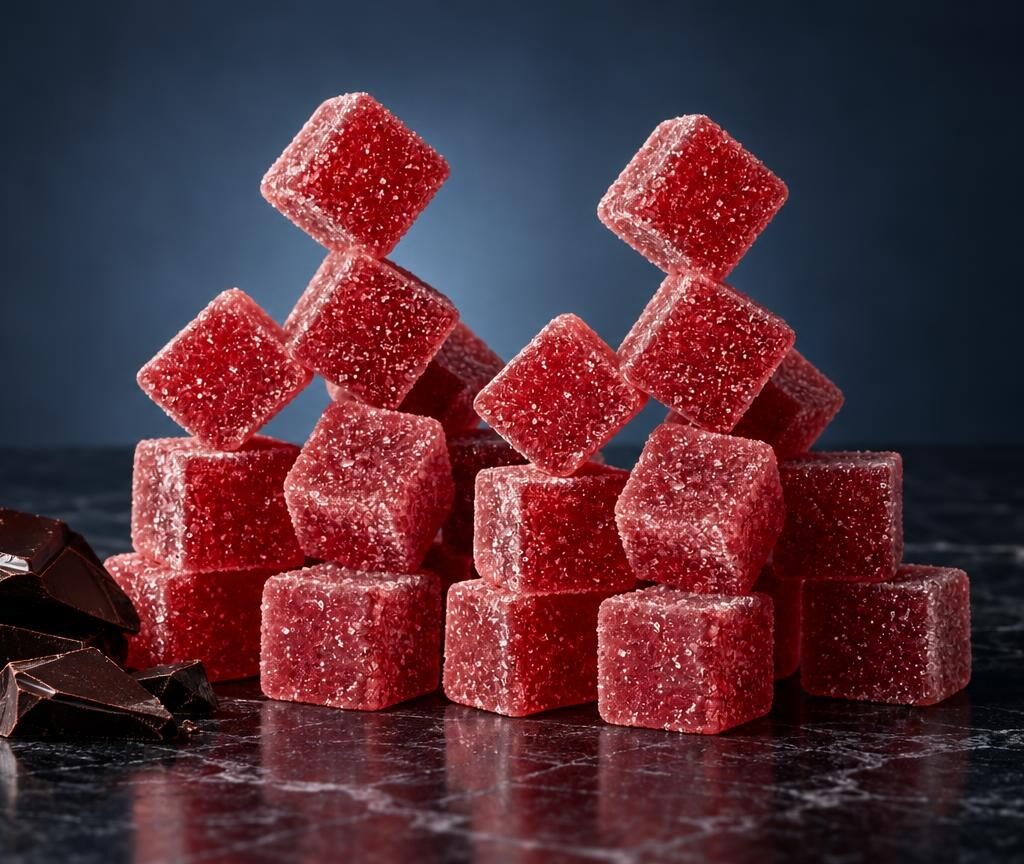 Thc sirup: rode kristalsuikerblokjes gestapeld in twee piramides naast donkere chocolade op zwarte ondergrond
