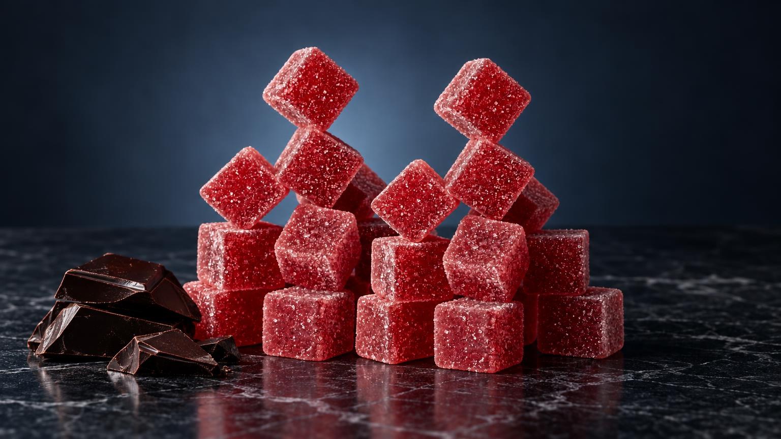 Thc sirup: rode kristalsuikerblokjes gestapeld in twee piramides naast donkere chocolade op zwarte ondergrond