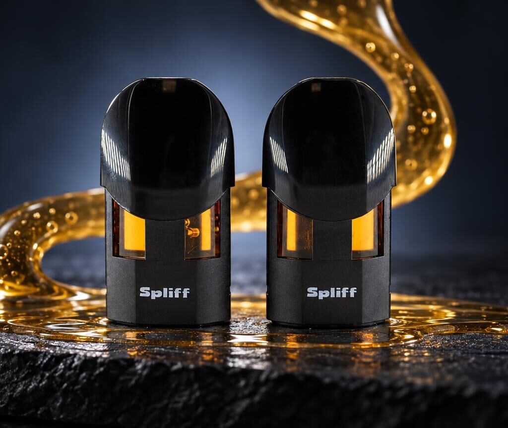 Twee zwarte Magic Pod-cartridges met goudkleurige vloeistof erin, op donkere ondergrond met goudkleurige lichtverschijnselen