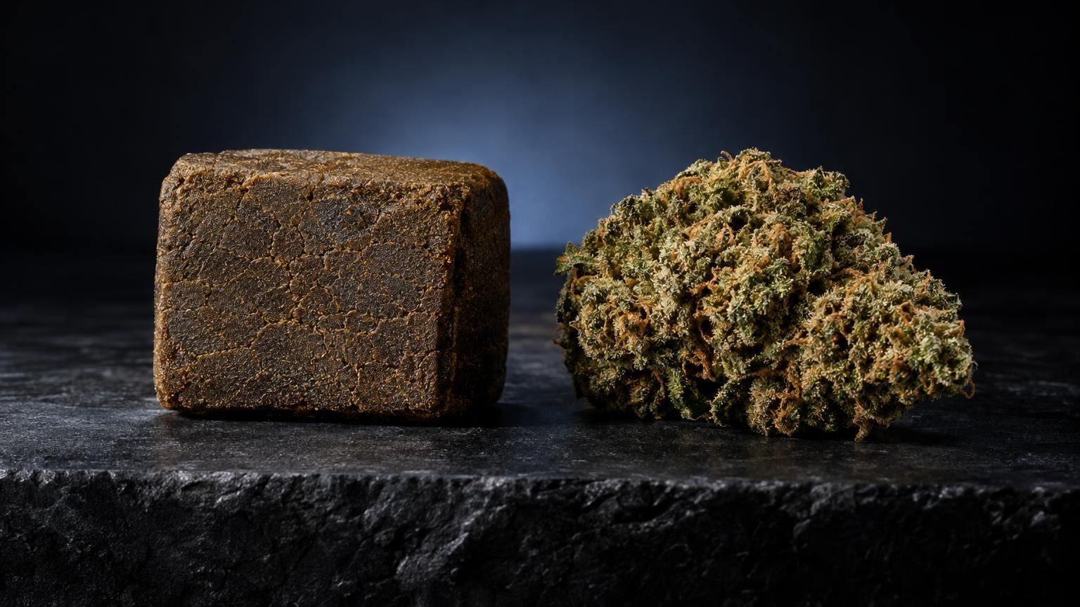 Wat is blowen: twee vormen van cannabis: een compacte bruine blok en een gele, kruimelige massa op donkere ondergrond