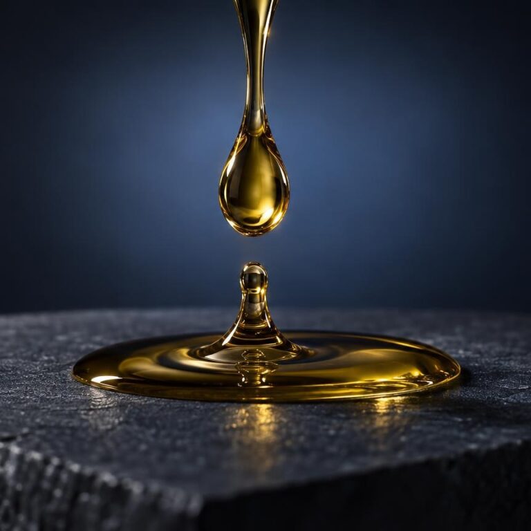 Wat is CBD-olie: goudgele oliedruppel die op een oppervlak valt, symbool voor de vloeistofvorm van CBD-olie
