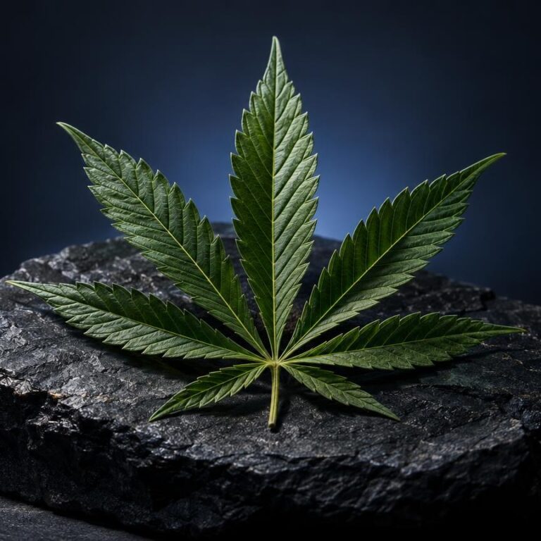 Wat is CBN: cannabisblad met vijf punten op donkere rots tegen grijze achtergrond