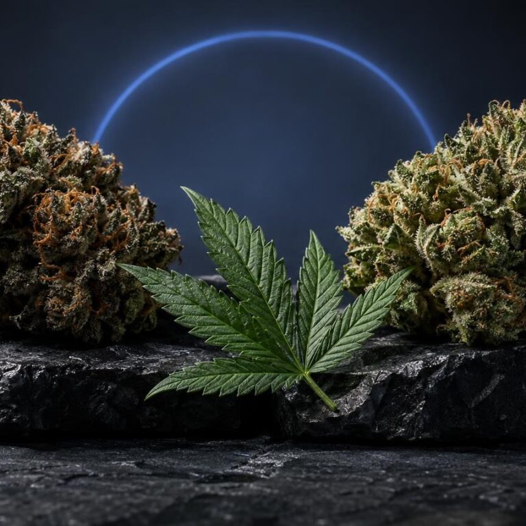 Wat is HHC: cannabisplanten en blad op rots met blauwe cirkel, illustratie van cannabinoïden