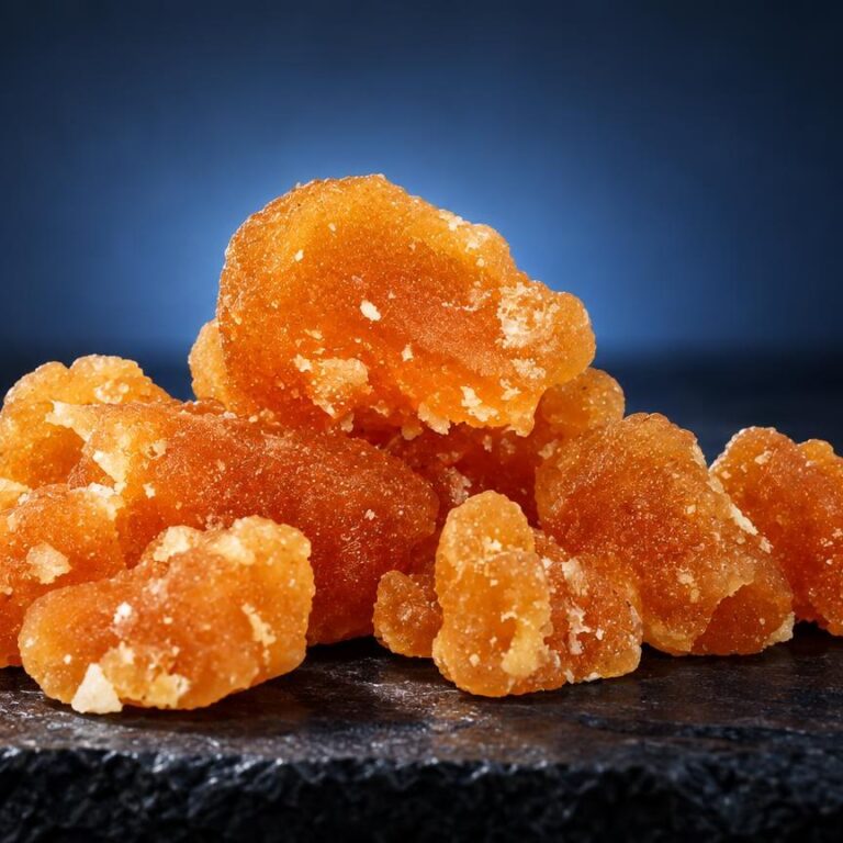 Cristal Bubble: amberachtige kristallijne korrels met glanzend oppervlak op donkere ondergrond, wat is rosin