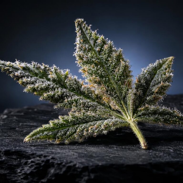 Cannabisplant met kristallijne structuren op donkere achtergrond, symbool voor Wat is THC