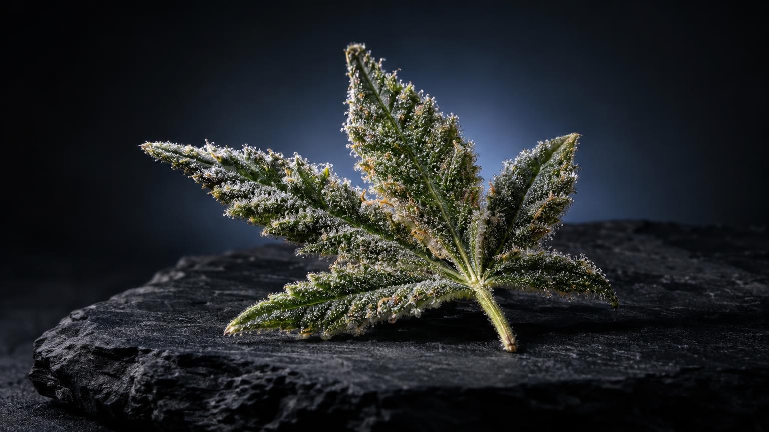 Cannabisplant met kristallijne structuren op donkere achtergrond, symbool voor Wat is THC
