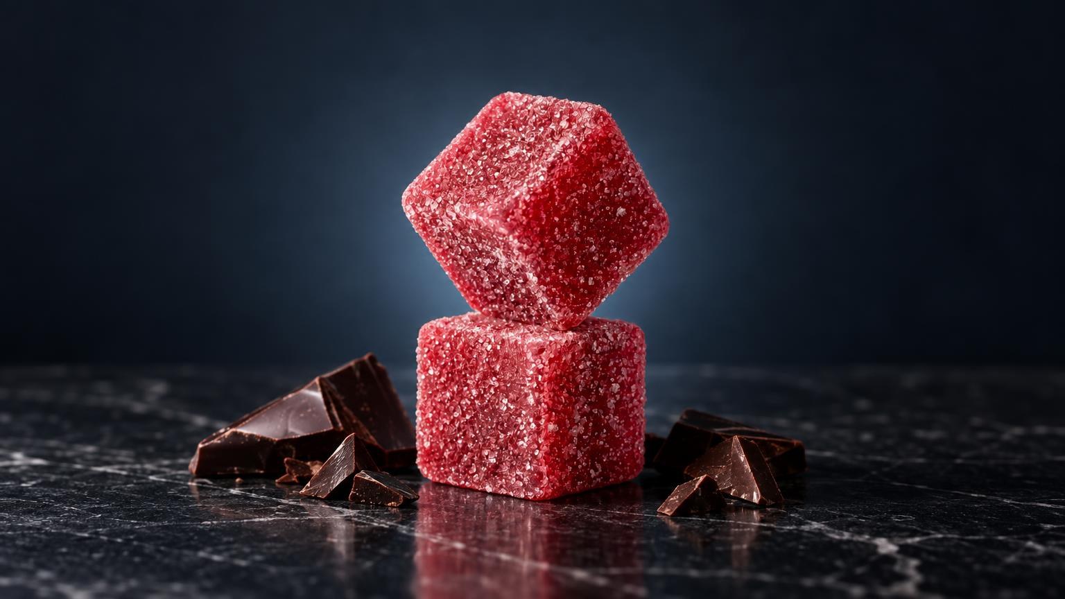 Wat is THC: twee rode suikerkristallen snoepjes gestapeld op elkaar, naast stukjes donkere chocolade op zwarte ondergrond