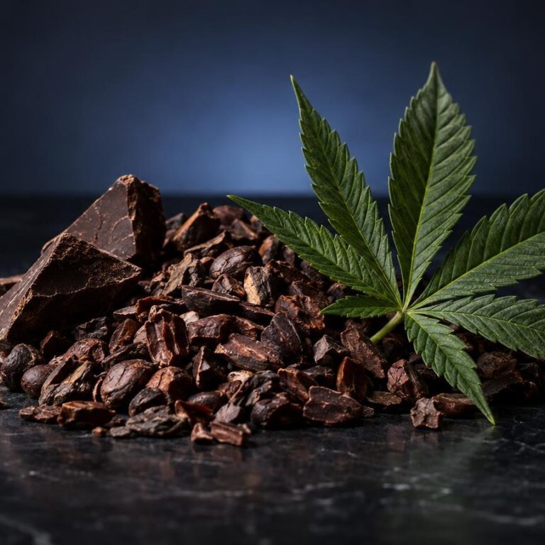Chocoladeschilfers en cannabisblad op donker oppervlak, illustrerend hoe wat zijn edibles meestal chocolade bevat