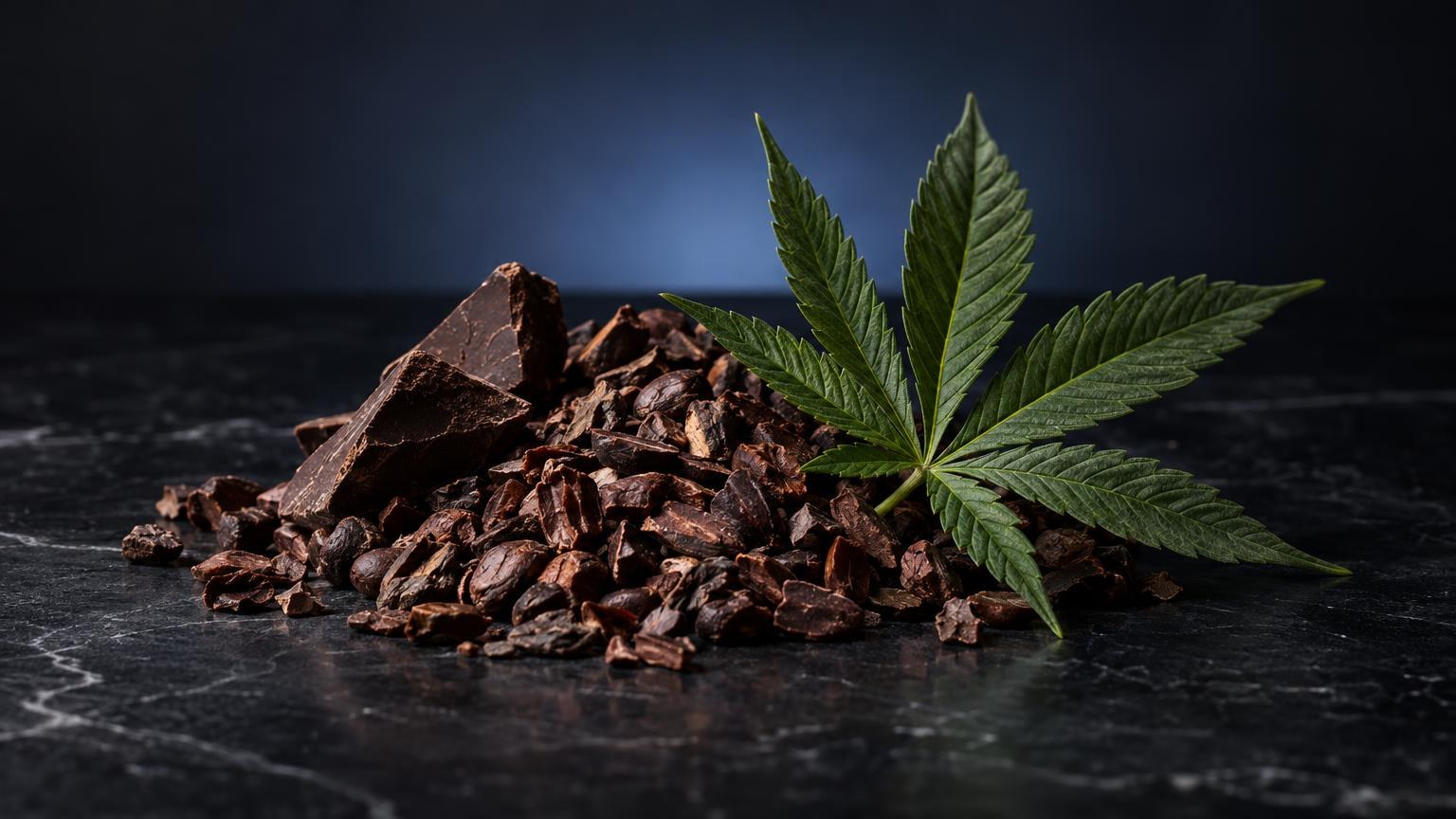 Chocoladeschilfers en cannabisblad op donker oppervlak, illustrerend hoe wat zijn edibles meestal chocolade bevat
