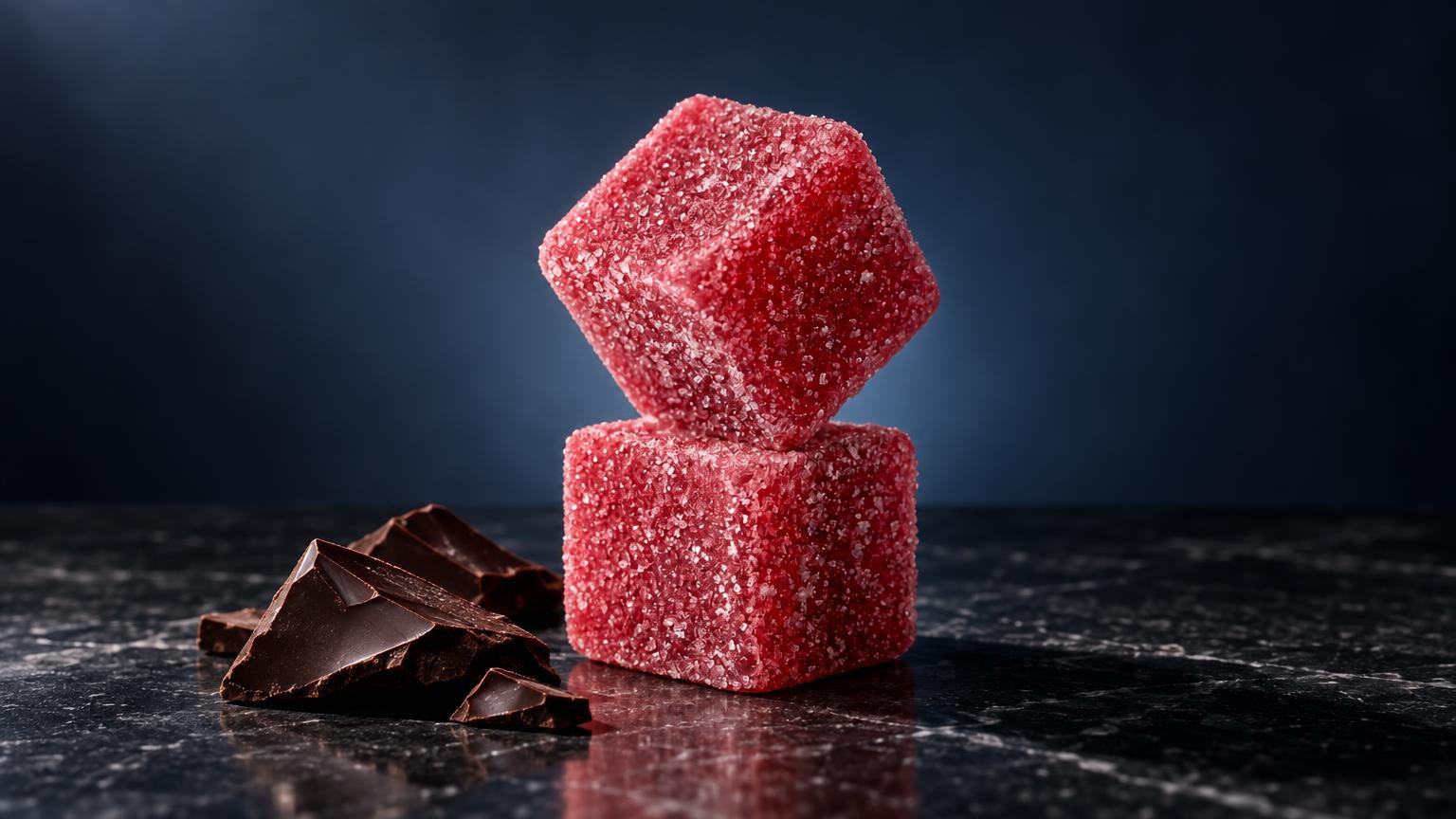 Wat zijn edibles: twee roze suikergecoate snoepjes in kubusvorm naast donkere chocoladestukken op donkergrijze ondergrond