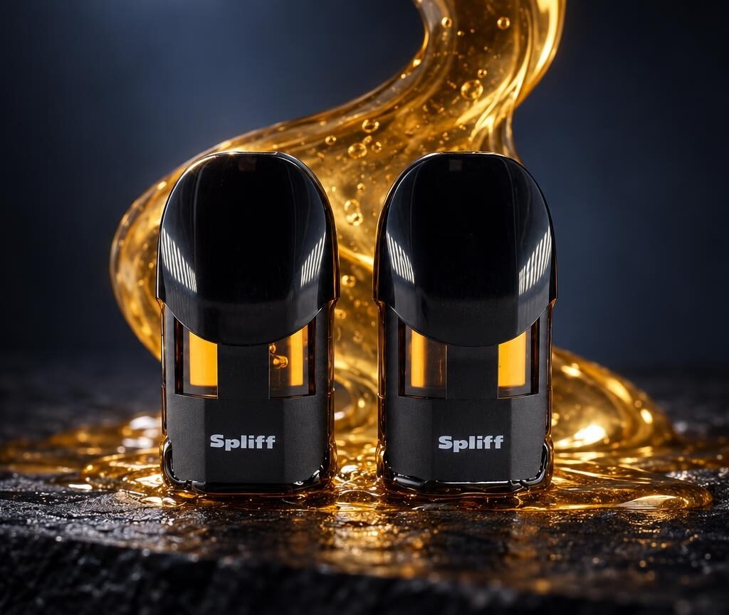 Twee zwarte cartridges met goudkleurige vloeistof en gouden druppels op donkere ondergrond, introductie tot wat zijn terpenen